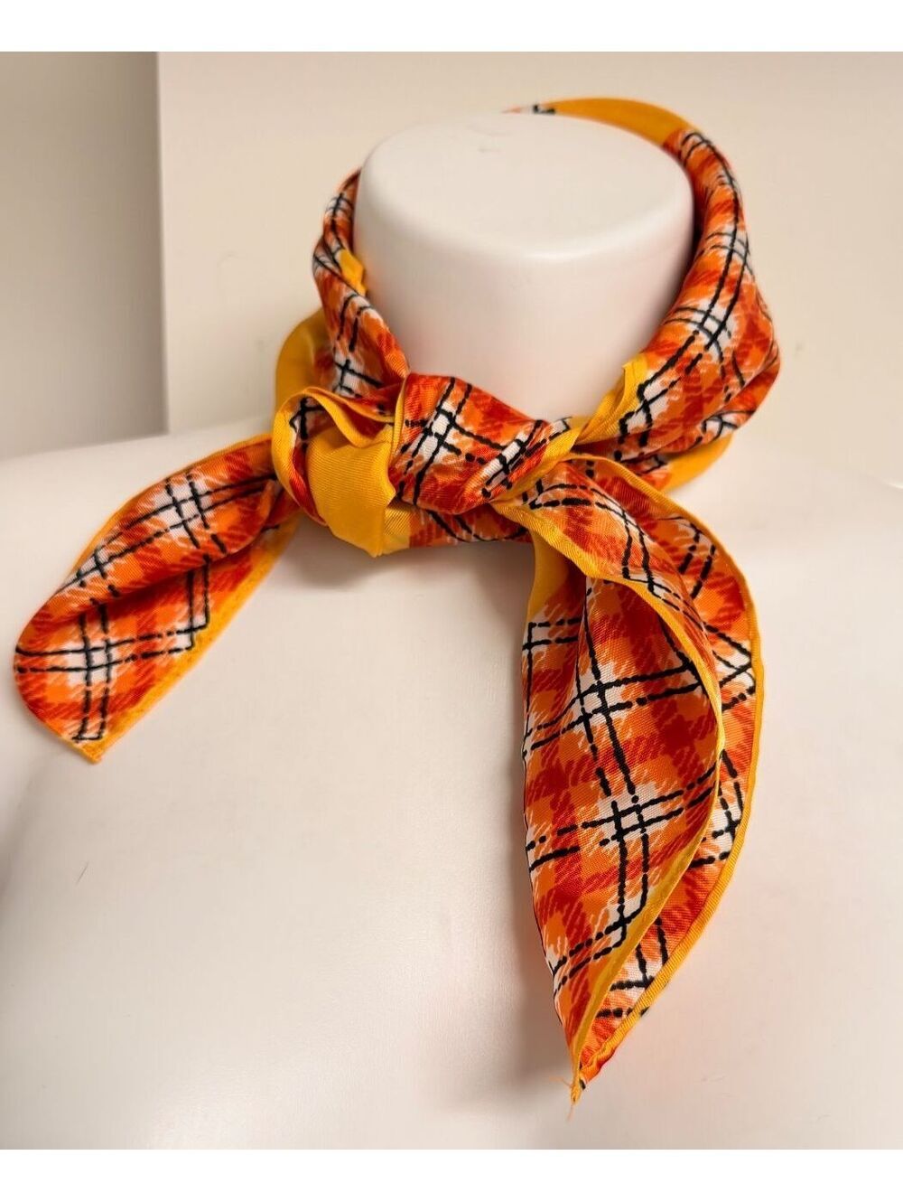 Vintage Japan Acetate Plaid Scarf Yellow Orange 26"